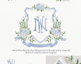 Dark and Light Blue and White Wedding Crest Blue Watercolor 