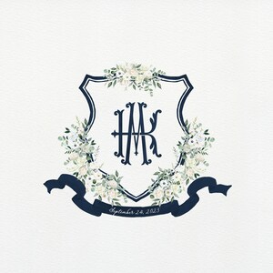 Navy Wedding Crest: Watercolor Floral Monogram, Dachshund Dog (Digital)