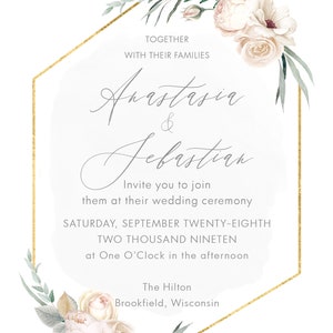 Gold Geometric Wedding Invitation Suite - Modern Greenery - Watercolor Leaves Foliage image 2