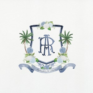 Navy Blue and White Tropical Watercolor Wedding Crest | Monogram Wedding Shield | Palm Trees, Beach Wedding, Florida Carolina California