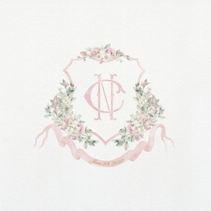 Cresta de boda de acuarela rosa / Interlock de monograma - Acuarela - monograma de dos letras - Cresta de boda Rosa Blush Logo de boda