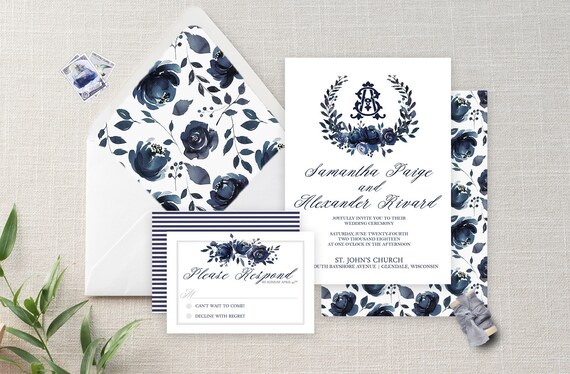 Flowers Calligraphy Navy Blue Watercolor Floral Wedding Invitation Suite Maura Suite ranunculus peonies Greenery