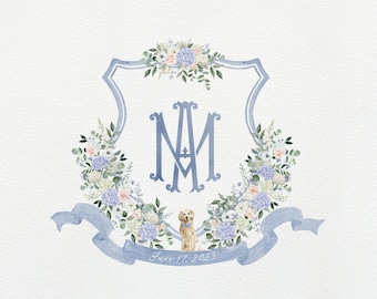 Blue Hydrangea Wedding Crest: Golden Retriever Monogram (Digital)