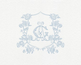 Peonies Wedding Crest: Vintage Floral Monogram Logo (Digital Download)
