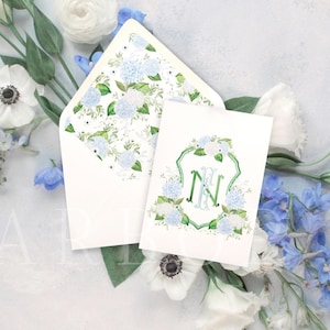 Blue and White Hydrangea Kelly Green Wedding Crest | Monogram Crest | Periwinkle Hydrangea Crest | Watercolor Crest | Blue Hydrangea Wedding