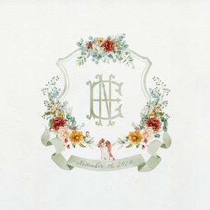 Escudo nupcial en acuarela verde salvia: logotipo con monograma floral
