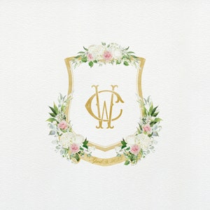 Escudo de boda en acuarela: monograma dorado y rosas de hortensia (digital)