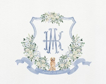 Blue and White Wedding Crest | Monogram Crest | Golden Retriever Crest | Watercolor Crest | White floral crest