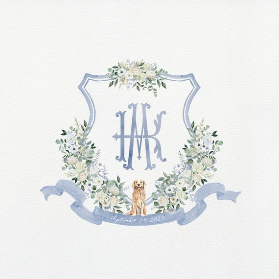 Blue and White Wedding Crest | Monogram Crest | Golden Retriever Crest |  Watercolor Crest | White floral crest