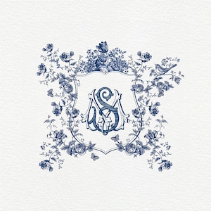 May include: A blue and white floral design with a shield in the center. The shield has a monogram of the letters "S" and "M" intertwined. A small bird is perched on a branch above the shield.