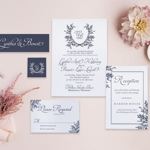Navy Hand Drawn Floral Wedding Crest Invitation Suite - Monogram Crest -  - customize in ANY COLOR! - Estee Suite
