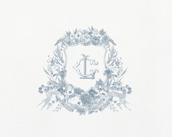 Floral Vintage Monogram Wedding Crest | Monogram Logo | Interlock - Sketched - monogrammed - two letter monogram - Blue - Vintage Flowers