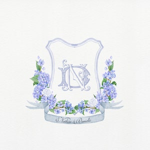 Blue Hydrangea Watercolor Wedding Crest Monogram | Monogram Logo | Interlock - Watercolor - two letter monogrammed - Dusty Blue Floral