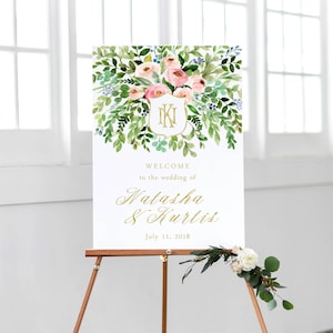 Blush Floral Wedding Welcome Sign: Gold Monogram (Digital)