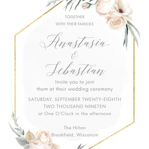Gold Geometric Wedding Invitation Suite - Modern Greenery - Watercolor Leaves Foliage image 3