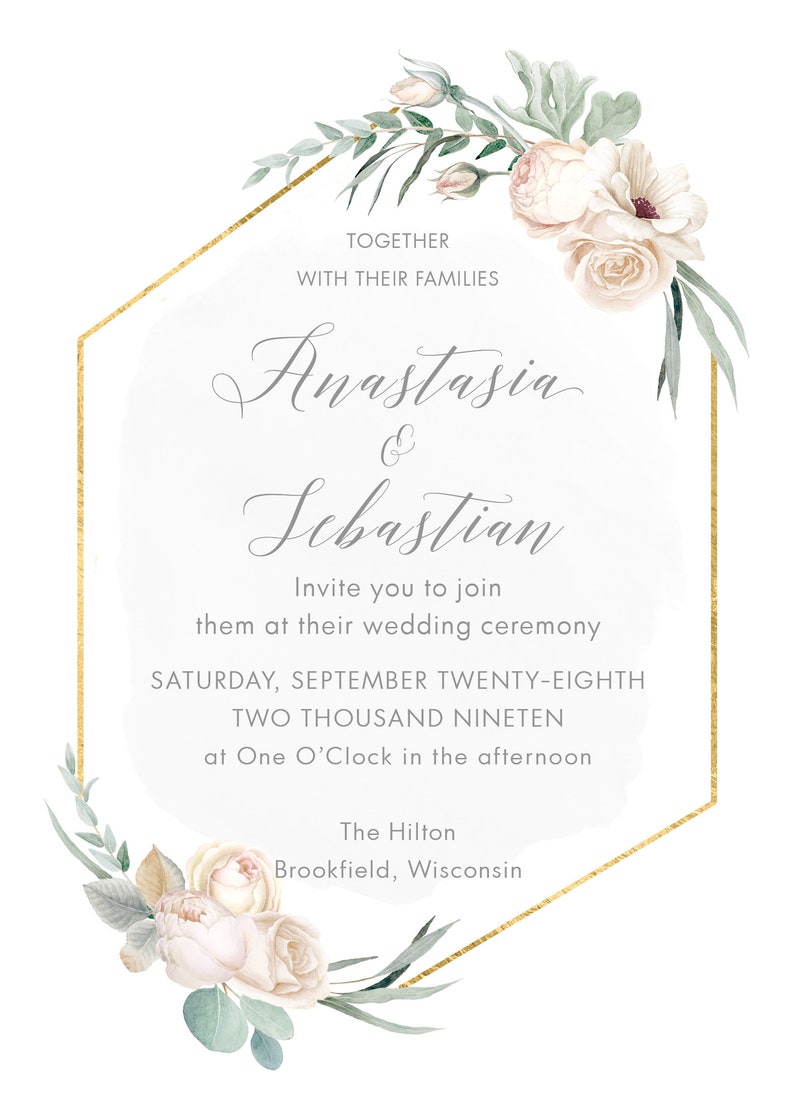 Gold Geometric Wedding Invitation Suite - Modern Greenery - Watercolor Leaves Foliage image 3