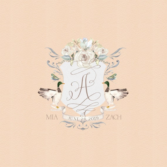 Dusty Blue and Blush Watercolor Wedding Crest Monogram 
