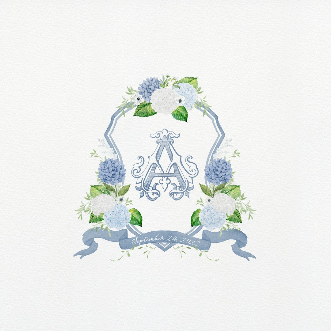 Bright Blue and White Hydrangea Wedding Crest Monogram Crest Watercolor