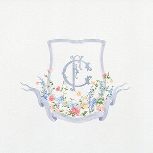 Wildflowers Dusty Blue Watercolor Wedding Crest | Monogram Interlock - Watercolor - two letter monogrammed - Spring Wedding Crest Pink