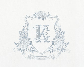Vintage Hydrangea Wedding Crest | Line art Wedding Crest | One Color Drawn Hydrangea Crest