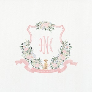 Escudo de boda en acuarela: Monograma floral rosa con golden retriever (descarga digital)