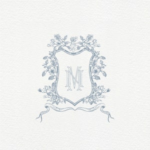 Magnolien-Monogramm-Hochzeits-Kamm | Monogramm Logo | Interlock - Skizziert - Monogrammiert - Zwei Buchstaben Monogramm - Blau - Vintage Magnolia