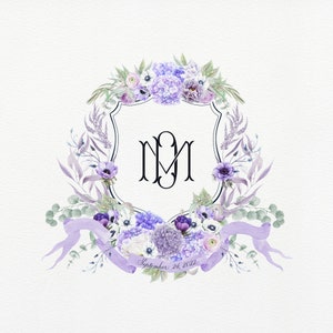 Purple Watercolor Wedding Crest Monogram / Monogram Logo / Interlock - Acuarela - monograma de dos letras - Royal Purple Floral Crest Shield