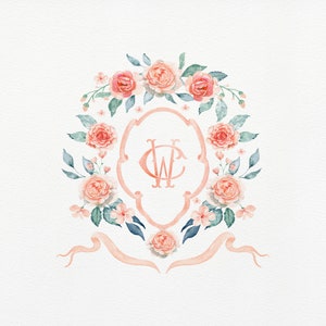 Peach Watercolor Floral Wedding Crest Monogram (Digital)