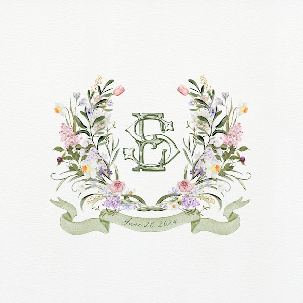 Sage Green Spring Floral Watercolor Wedding Crest | Monogram Logo | Interlocking monogram 2 letter | Dog Crest | Spring Flowers Wreath