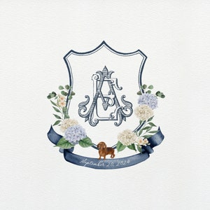 Navy Hydrangeas Wedding Crest: Watercolor Monogram (Digital)