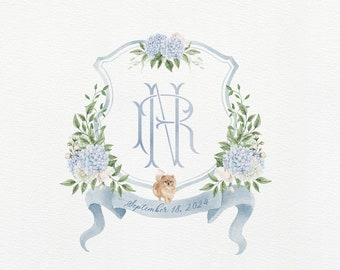 Blue and White Hydrangea Wedding Crest | Monogram Crest | Pomeranian Dog Crest | Watercolor Crest | White floral crest