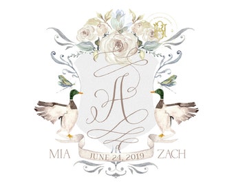 Aquarell Monogramm Hochzeit Wappen | Monogramm Logo | Dusty Blue Greens Enten | Entenkamm | Stockente | Floral