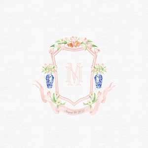 Pink Tulips and Ginger Jars Watercolor Wedding Crest