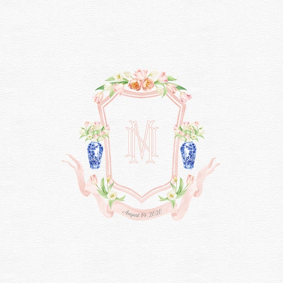 Pink Tulips and Ginger Jars Watercolor Wedding Crest