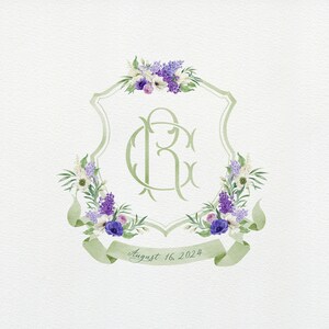 Lilacs and Greenery Watercolor Monogram Wedding Crest