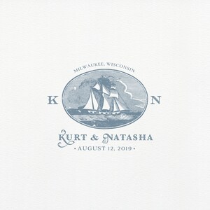 Vintage Nautical Wedding Logo | Monogram Logo | Blue Engraved - Vintage crest - Sailboat Wedding Logo