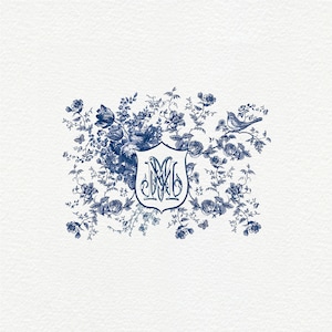 Chinoiserie Wedding Crest Toile Vintage Monogram Wedding Logo | Interlock - two letter monogram - Antique - Blue and white - China Blue
