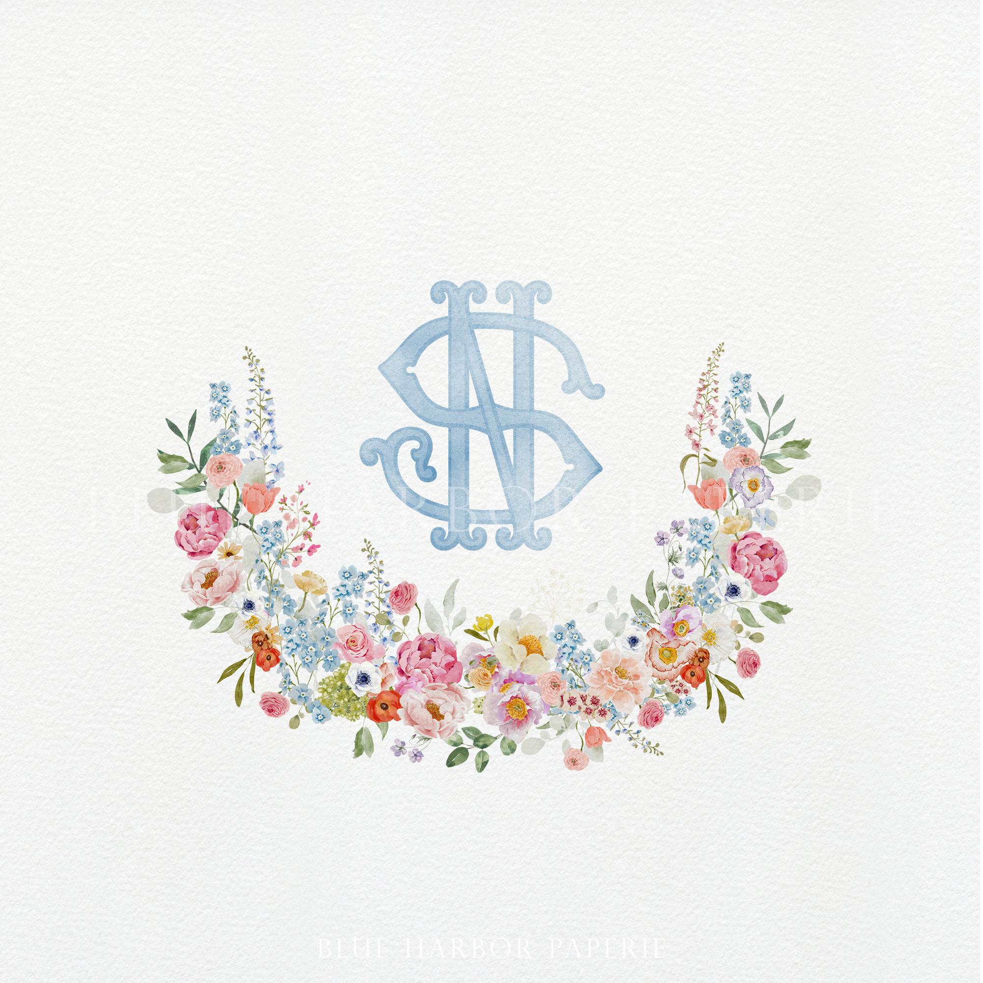 Bright Floral Wedding Wreath | Monogram Wreath | Pink Watercolor Flowers Wedding | Watercolor Laurel | Summer Wedding