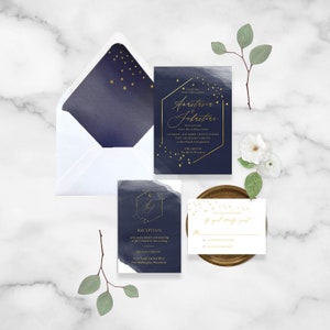Celestial Wedding Invitation Suite - Geometric Gold Frame - Blue Watercolor  - Starry Night Invitation - Starry Night Wedding - Gold Stars