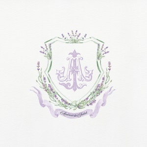 Monograma de boda en acuarela color lavanda / Logotipo de monograma / Acuarela - monograma de dos letras - Escudo de boda floral francés morado