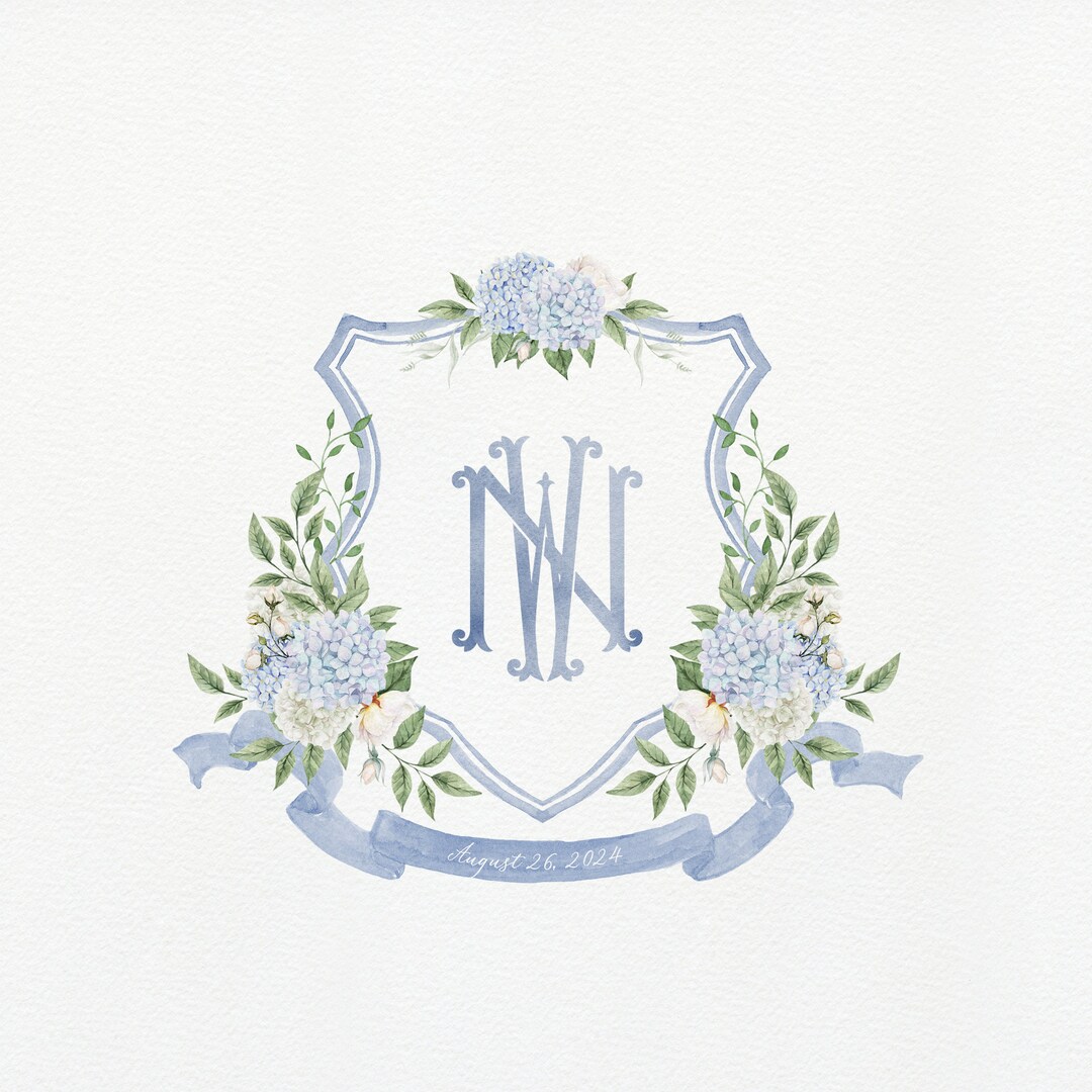Blue and White Hydrangea Wedding Crest Monogram Crest Blue Hydrangea