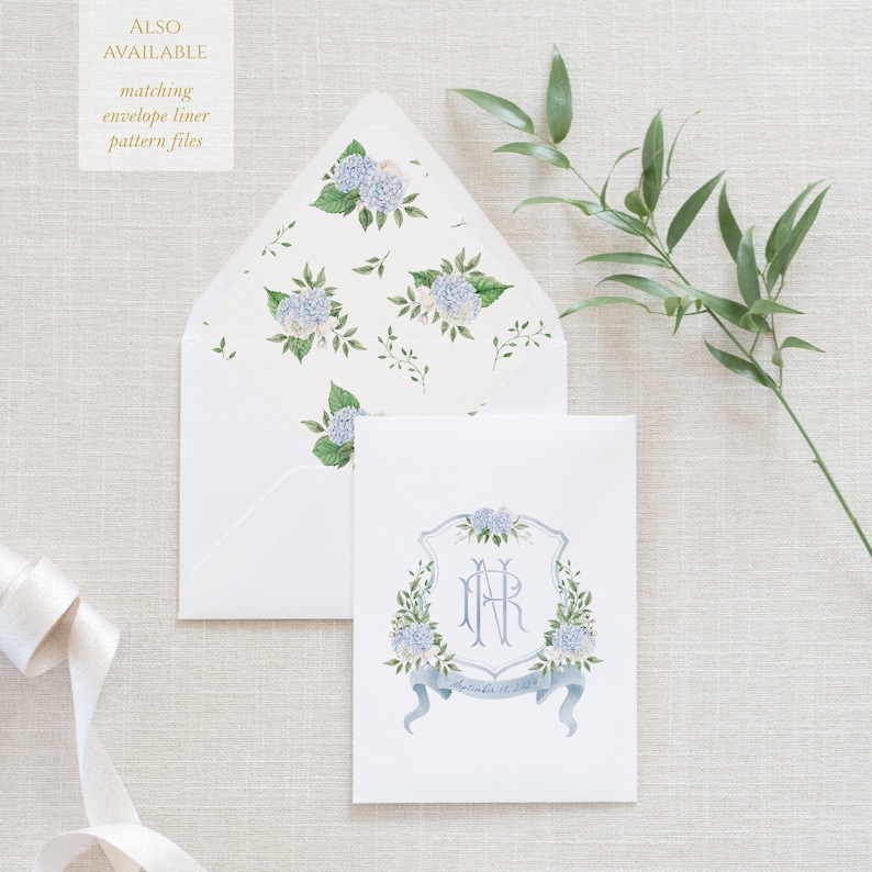 Blue and White Hydrangea Wedding Crest Monogram Crest - Etsy