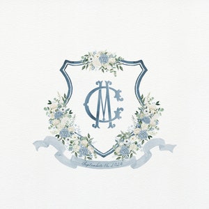 Dark and Light Blue and White Wedding Crest | Blue Watercolor Monogram Crest | Navy Wedding Duogram