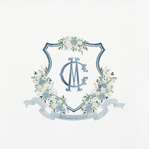 Dark and Light Blue and White Wedding Crest Blue Watercolor 