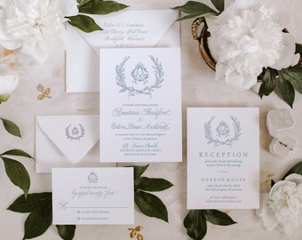 Vintage Laurel Monogram Wedding Invitation Suite (Digital Wreath Files)