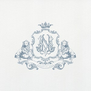 Écusson de mariage monogramme héraldique lion vintage avec couronne