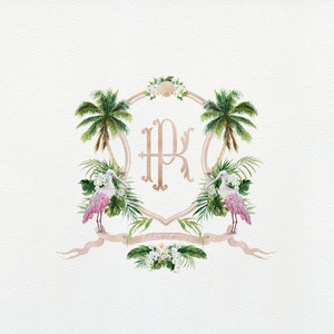 Spoonbill Watercolor Wedding Crest | Monogram Wedding Shield | Palm Trees, Roseate Spoonbill, Beach Wedding, Tropical Wedding