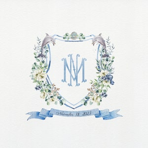 Escudo de boda de delfín: monograma de acuarela (archivo digital)