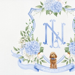Blue and White Hydrangea Wedding Crest | Monogram Crest | Periwinkle Hydrangea Crest | Watercolor Crest | French Blue Hydrangea Wedding