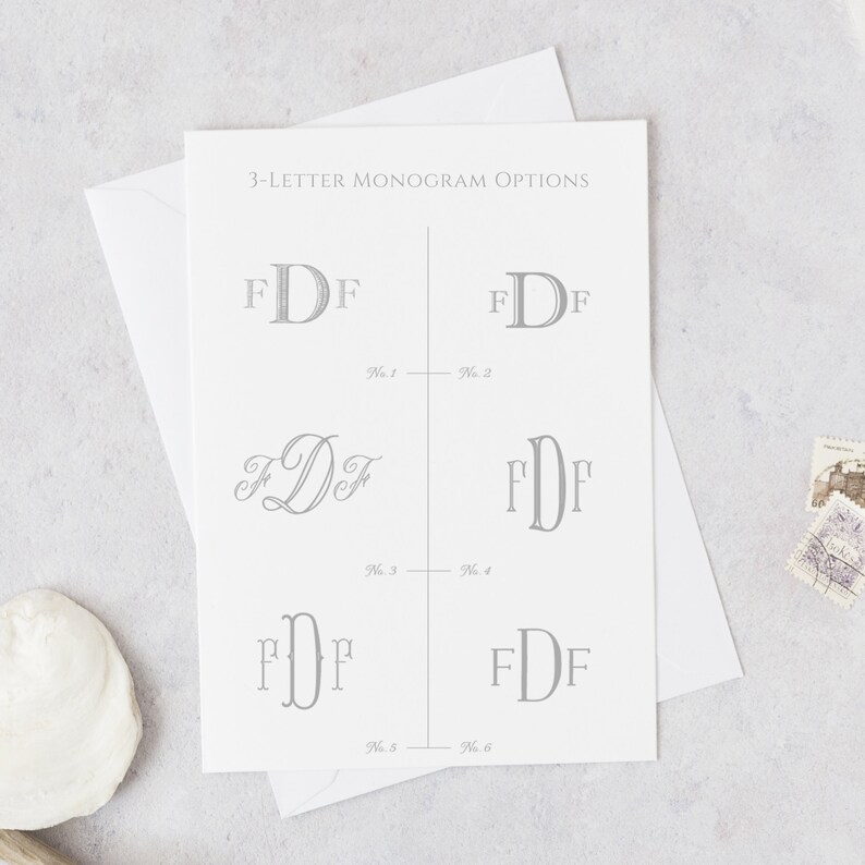 Może przedstawiać: Biała karta z sześcioma r&oacute;żnymi opcjami monogramu dla liter F, D i F. Opcje są ponumerowane od 1 do 6. Karta zawiera tekst "3-Letter Monogram Options" u g&oacute;ry.